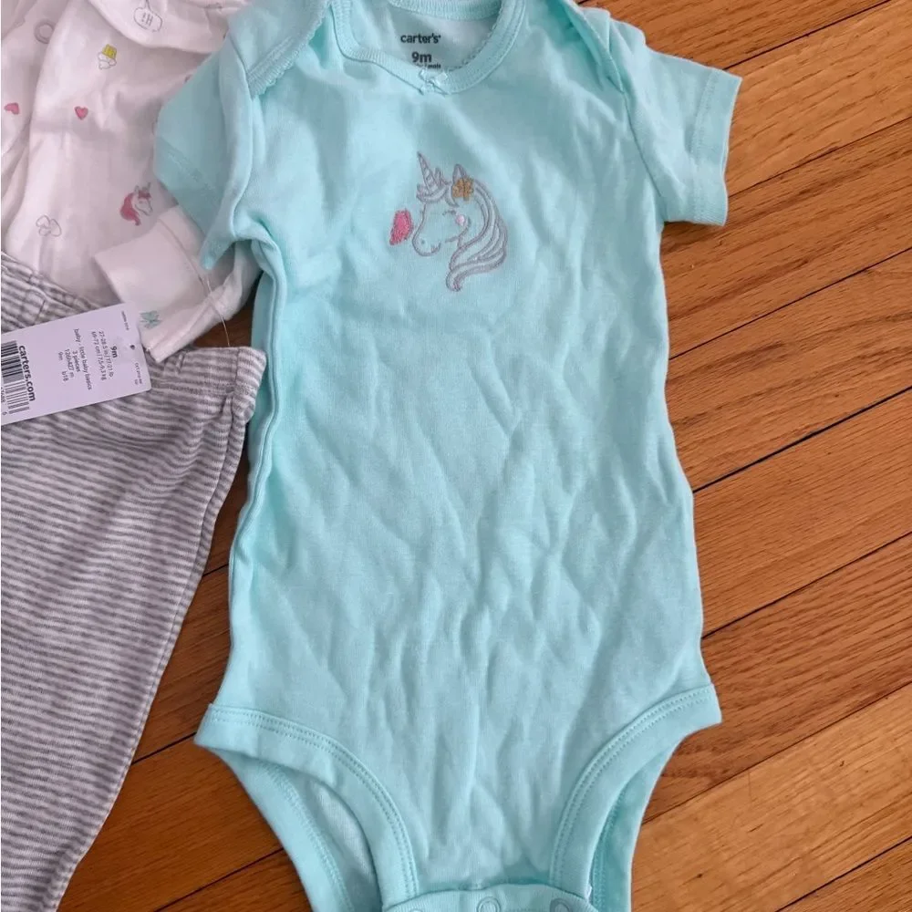 Carter's White Hooded Cardigan, Teal Bodysuit & Gray Stripe Pants Set size 9m